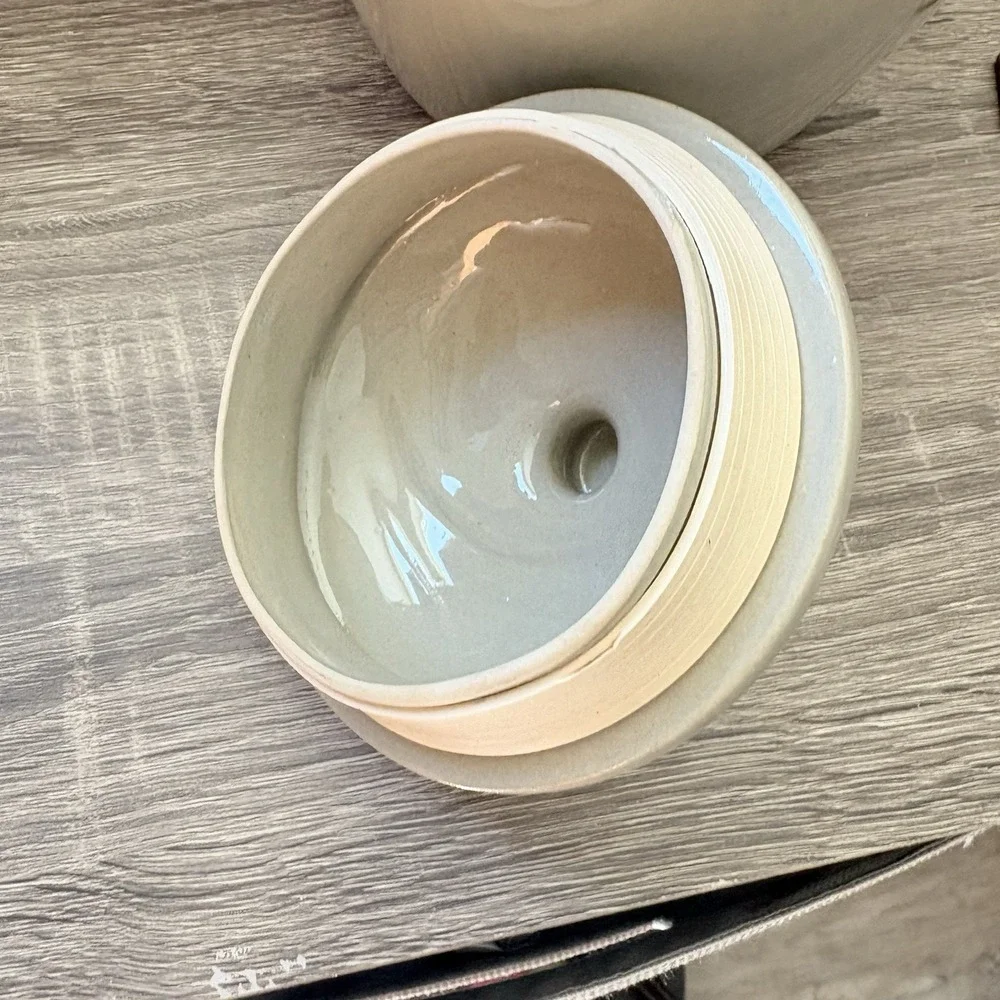 Salt Glaze Stoneware Kitchen Crock Blue Heart canister lid Home Sweet Home 9.5 '